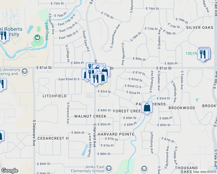 map of restaurants, bars, coffee shops, grocery stores, and more near 8228 South Jamestown Avenue in Tulsa