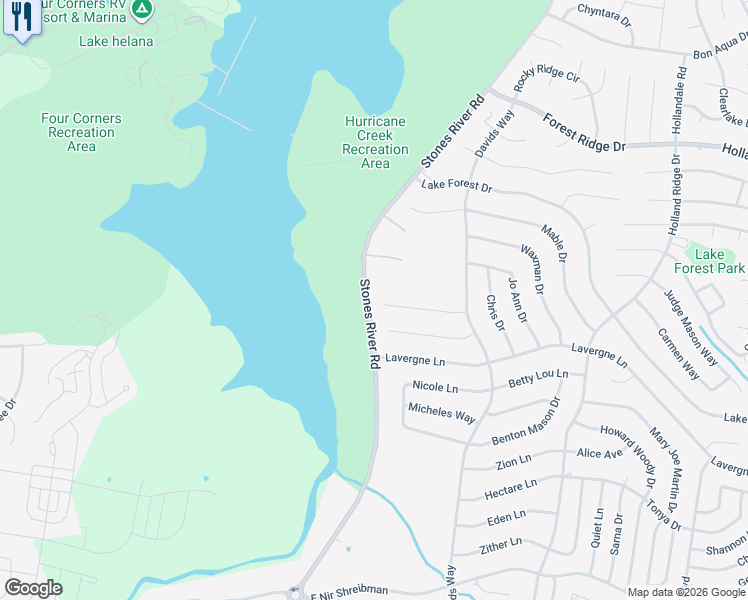 map of restaurants, bars, coffee shops, grocery stores, and more near 1825 Rory Cove in La Vergne