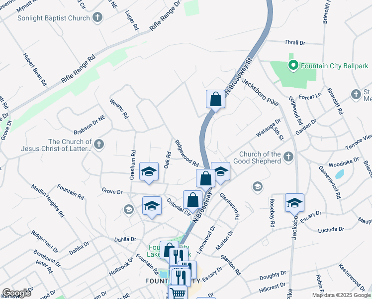 map of restaurants, bars, coffee shops, grocery stores, and more near 5621 Ridgewood Road in Knoxville