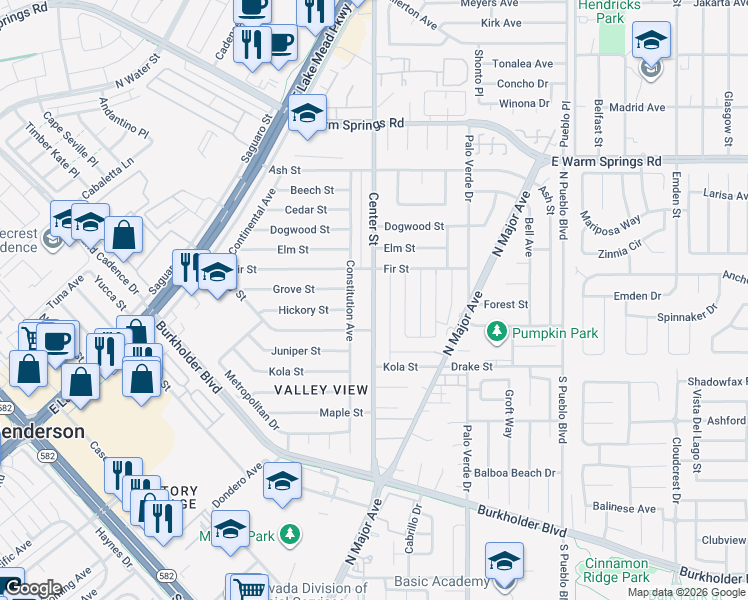 map of restaurants, bars, coffee shops, grocery stores, and more near 841 Center Street in Henderson
