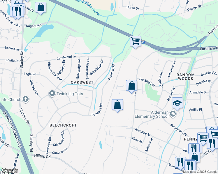 map of restaurants, bars, coffee shops, grocery stores, and more near 4627 Pennoak Road in Greensboro