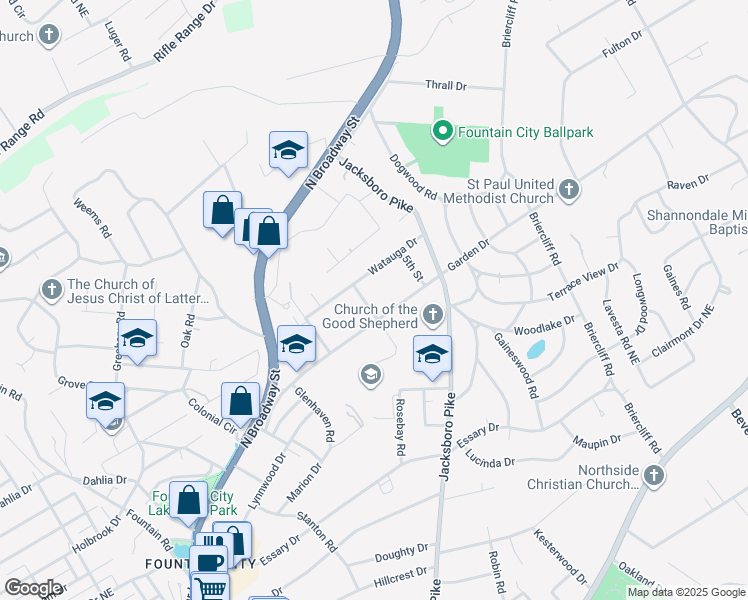map of restaurants, bars, coffee shops, grocery stores, and more near 5508 Rosebay Road in Knoxville
