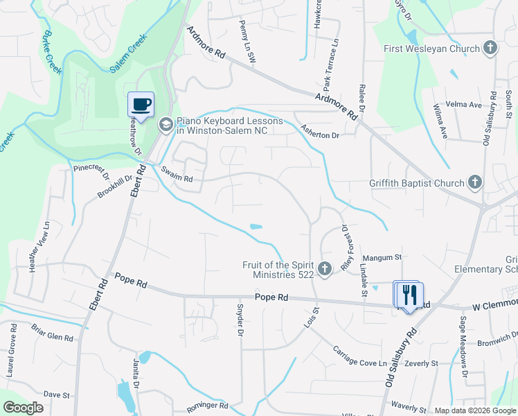 map of restaurants, bars, coffee shops, grocery stores, and more near 1976 Tea Berry Lane in Winston-Salem
