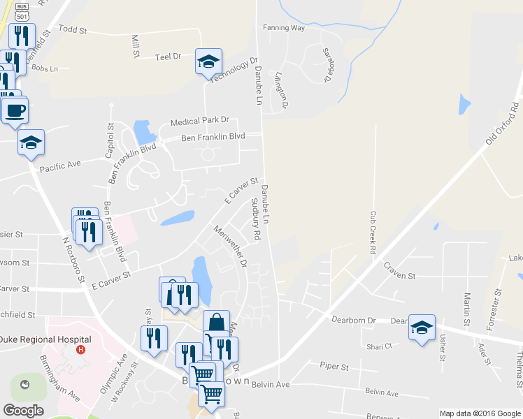 map of restaurants, bars, coffee shops, grocery stores, and more near 4106 Sudbury Road in Durham