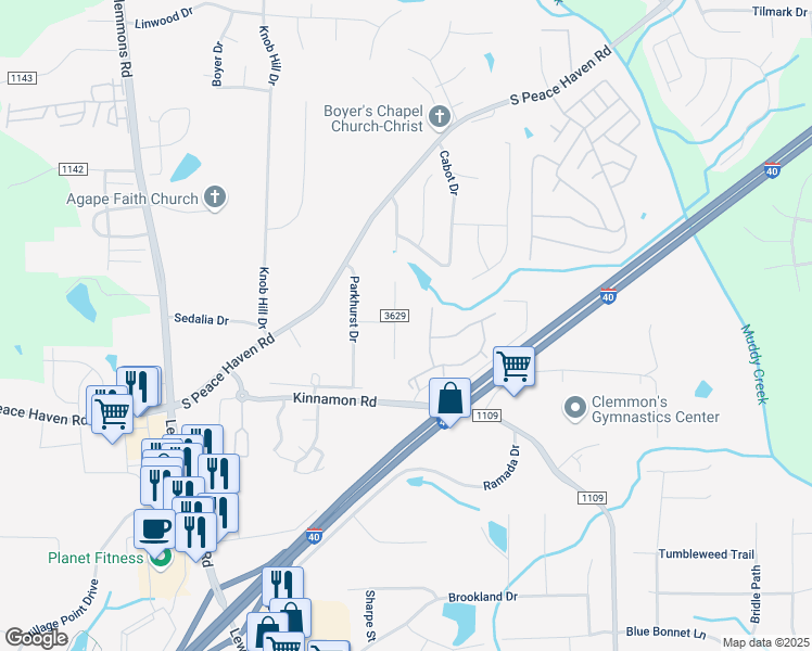 map of restaurants, bars, coffee shops, grocery stores, and more near 2935 Hopewood Lane in Winston-Salem