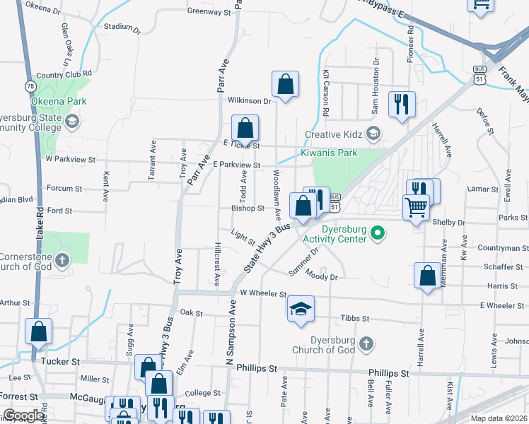 map of restaurants, bars, coffee shops, grocery stores, and more near 1031 North Sampson Avenue in Dyersburg