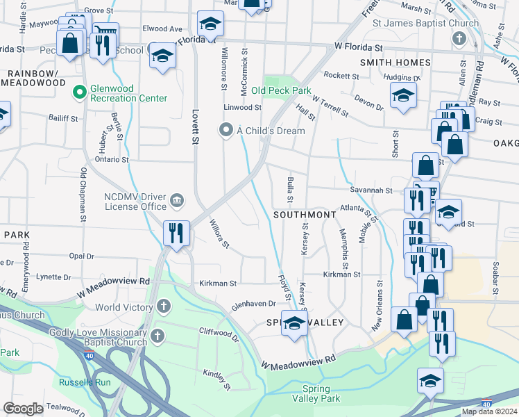 map of restaurants, bars, coffee shops, grocery stores, and more near 1815 McCormick Street in Greensboro