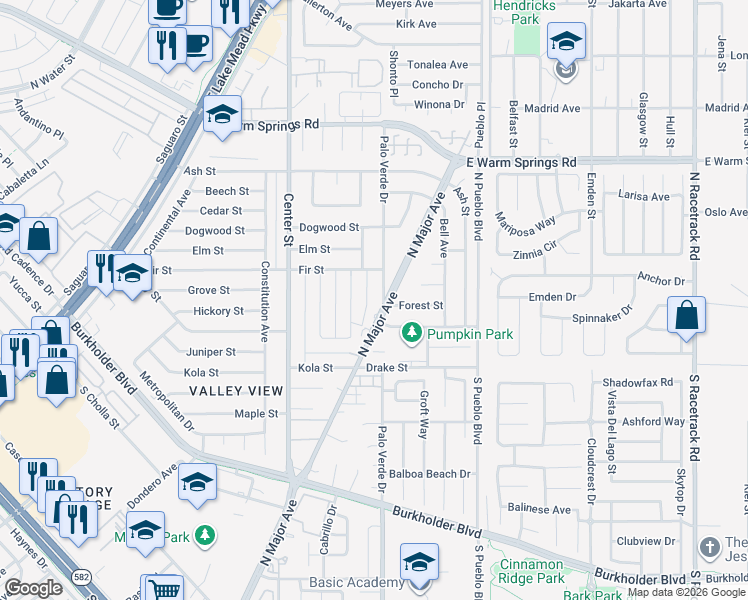 map of restaurants, bars, coffee shops, grocery stores, and more near 2 Palo Verde Drive in Henderson