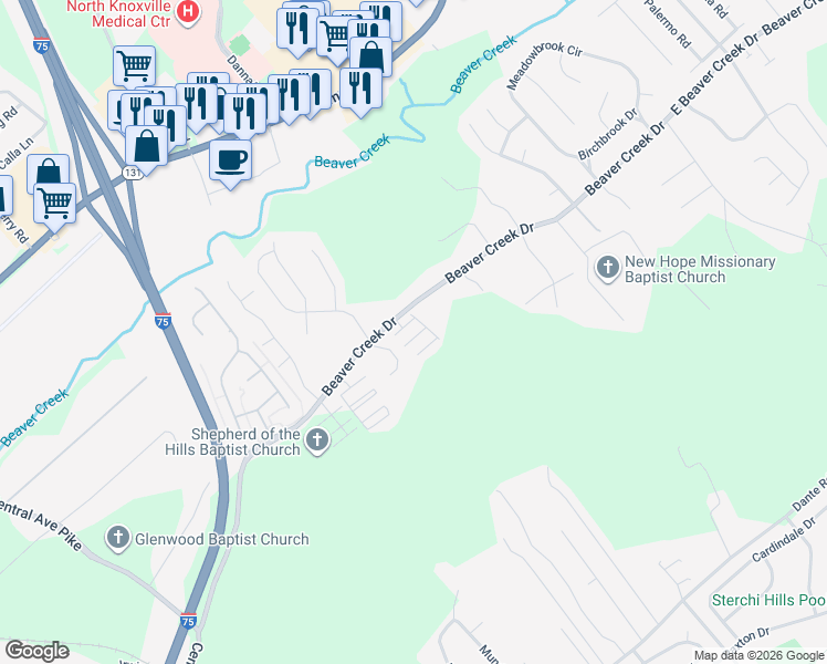 map of restaurants, bars, coffee shops, grocery stores, and more near 7034 Stanfort Lane in Knoxville