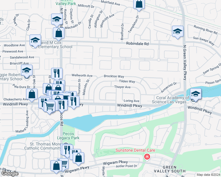 map of restaurants, bars, coffee shops, grocery stores, and more near 2361 Thayer Avenue in Henderson
