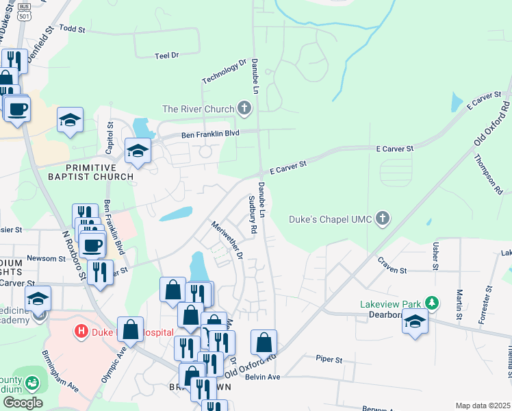 map of restaurants, bars, coffee shops, grocery stores, and more near 4106 Sudbury Road in Durham