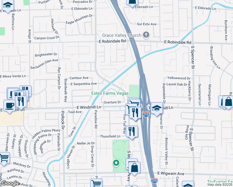 map of restaurants, bars, coffee shops, grocery stores, and more near 8015 South Counterpoint Lane in Las Vegas