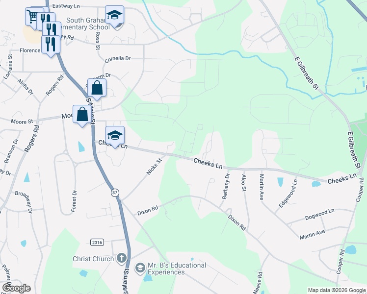 map of restaurants, bars, coffee shops, grocery stores, and more near 441 Cheeks Lane in Graham