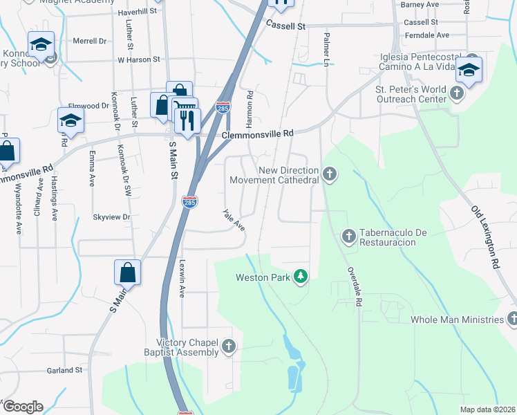 map of restaurants, bars, coffee shops, grocery stores, and more near 3635 Cornell Boulevard in Winston-Salem