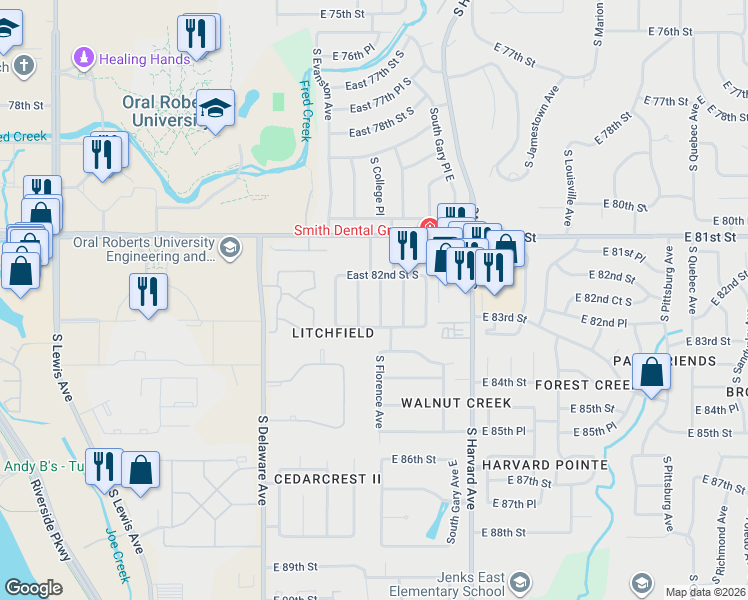 map of restaurants, bars, coffee shops, grocery stores, and more near 8224 South Florence Avenue in Tulsa