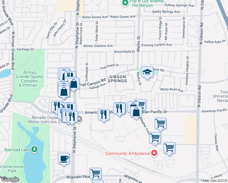 map of restaurants, bars, coffee shops, grocery stores, and more near 229 Paradise Bird Street in Henderson