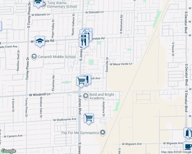map of restaurants, bars, coffee shops, grocery stores, and more near 5924 West Santoli Avenue in Las Vegas