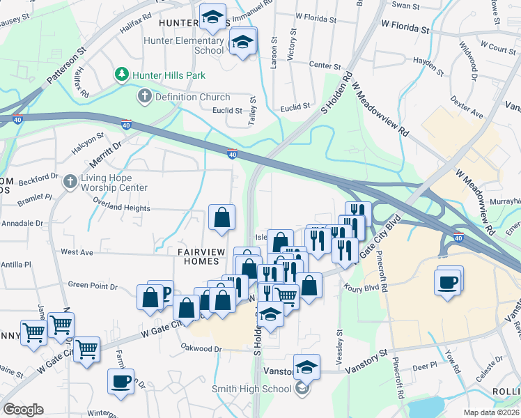 map of restaurants, bars, coffee shops, grocery stores, and more near 1926 Cedar Fork Drive in Greensboro