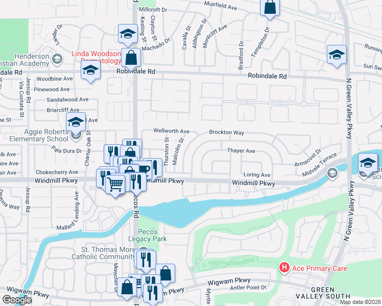 map of restaurants, bars, coffee shops, grocery stores, and more near 2382 Thayer Avenue in Henderson