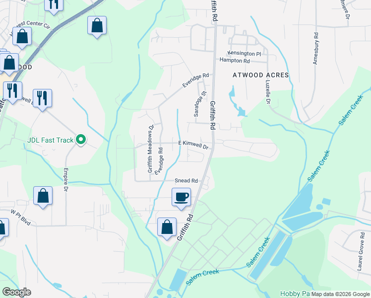 map of restaurants, bars, coffee shops, grocery stores, and more near 2310 Hartfield Circle in Winston-Salem