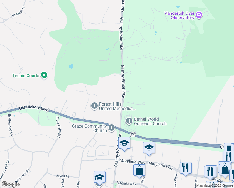map of restaurants, bars, coffee shops, grocery stores, and more near 5641 Granny White Pike in Brentwood
