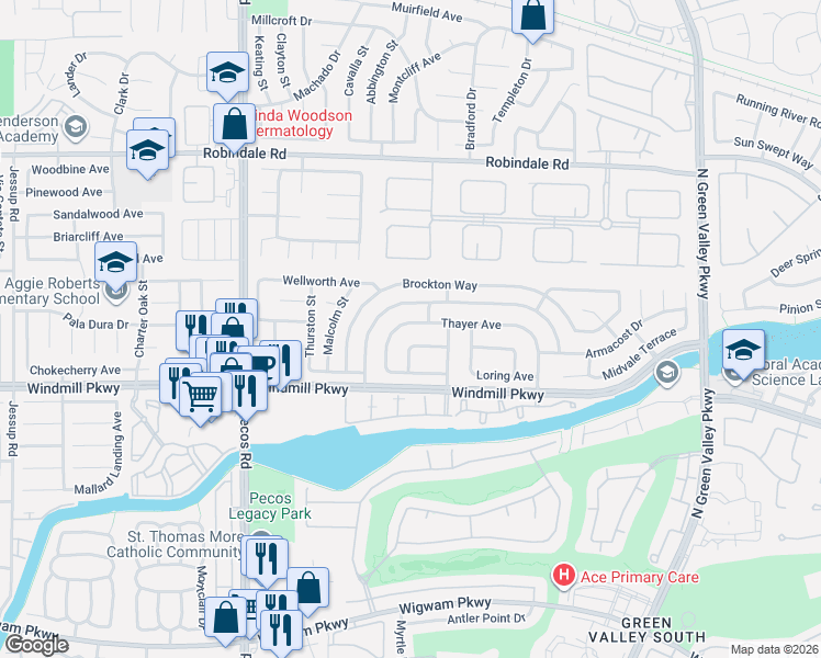 map of restaurants, bars, coffee shops, grocery stores, and more near 2385 Denair Way in Henderson