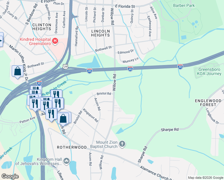 map of restaurants, bars, coffee shops, grocery stores, and more near 1707 Bristol Road in Greensboro