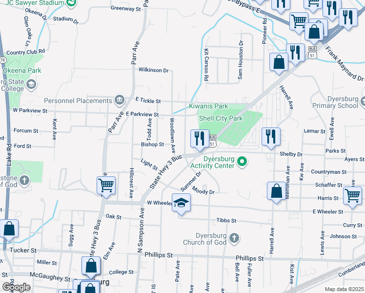 map of restaurants, bars, coffee shops, grocery stores, and more near 1116 North Sampson Avenue in Dyersburg