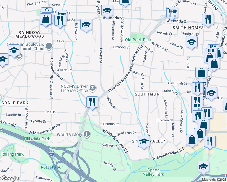 map of restaurants, bars, coffee shops, grocery stores, and more near 1806a Willomore Street in Greensboro