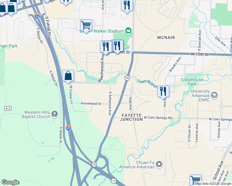 map of restaurants, bars, coffee shops, grocery stores, and more near 1931 Brower Avenue in Fayetteville
