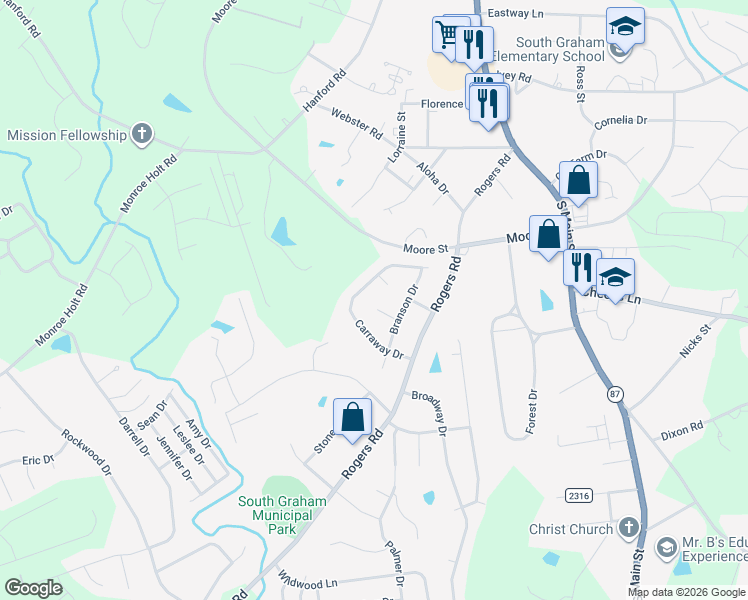 map of restaurants, bars, coffee shops, grocery stores, and more near 608 McLeskey Court in Graham