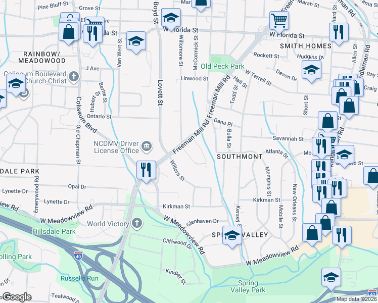 map of restaurants, bars, coffee shops, grocery stores, and more near 1806a Willomore Street in Greensboro