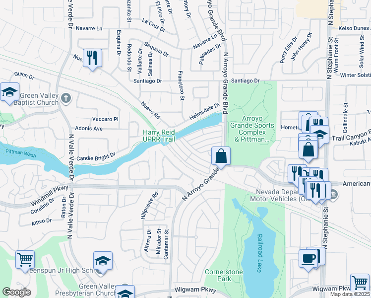 map of restaurants, bars, coffee shops, grocery stores, and more near 1633 Cave Spring Drive in Henderson