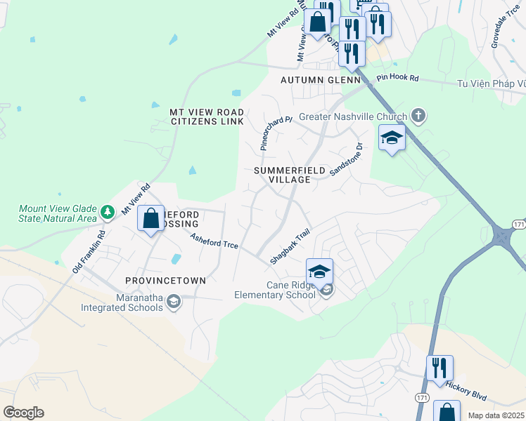 map of restaurants, bars, coffee shops, grocery stores, and more near 3212 Streamridge Court East in Nashville