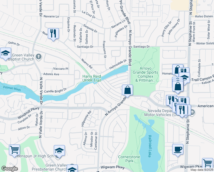 map of restaurants, bars, coffee shops, grocery stores, and more near 1633 Cave Spring Drive in Henderson