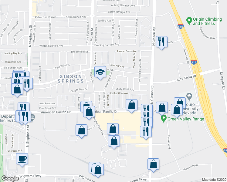 map of restaurants, bars, coffee shops, grocery stores, and more near 1047 Misty Rose Avenue in Henderson
