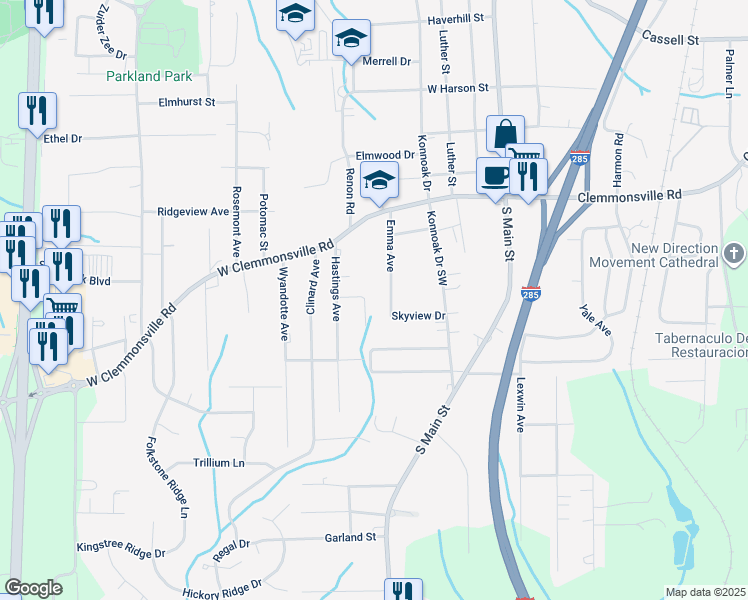 map of restaurants, bars, coffee shops, grocery stores, and more near Rock Crest Drive in Winston-Salem