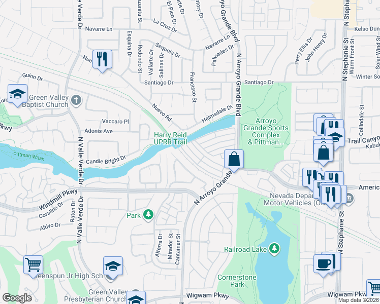 map of restaurants, bars, coffee shops, grocery stores, and more near 1632 Coyote Run Drive in Henderson