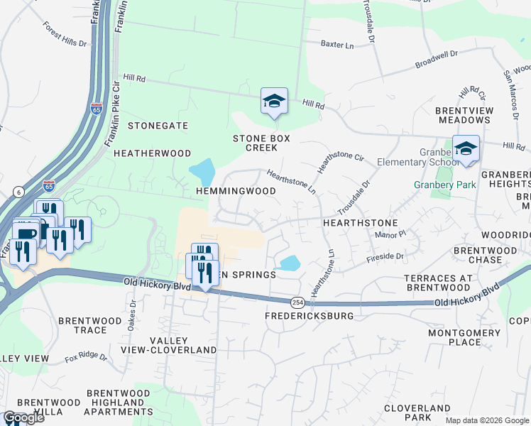 map of restaurants, bars, coffee shops, grocery stores, and more near 5404 Hearthstone Lane in Brentwood