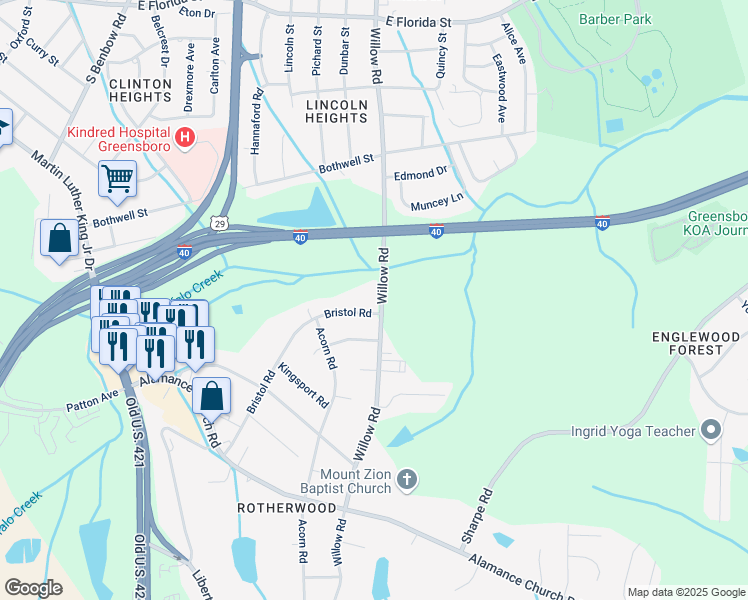 map of restaurants, bars, coffee shops, grocery stores, and more near 1707 Bristol Road in Greensboro