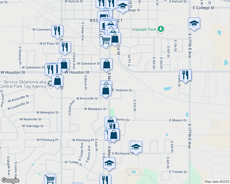 map of restaurants, bars, coffee shops, grocery stores, and more near 119 East Jackson Street in Broken Arrow