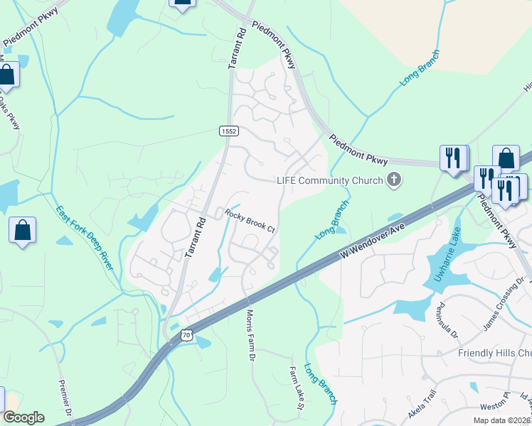 map of restaurants, bars, coffee shops, grocery stores, and more near 3705 Morris Farm Drive in Greensboro