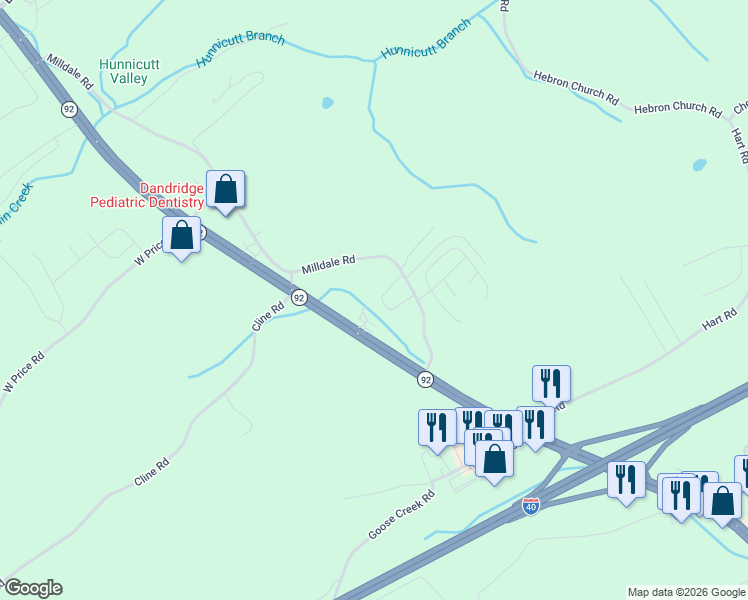 map of restaurants, bars, coffee shops, grocery stores, and more near 4066 Tennessee 92 in Dandridge