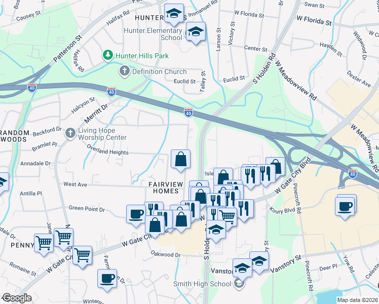 map of restaurants, bars, coffee shops, grocery stores, and more near 1831 Boulevard Street in Greensboro