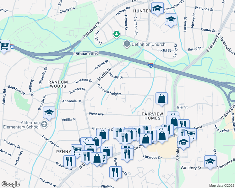 map of restaurants, bars, coffee shops, grocery stores, and more near 3861 Overland Heights in Greensboro