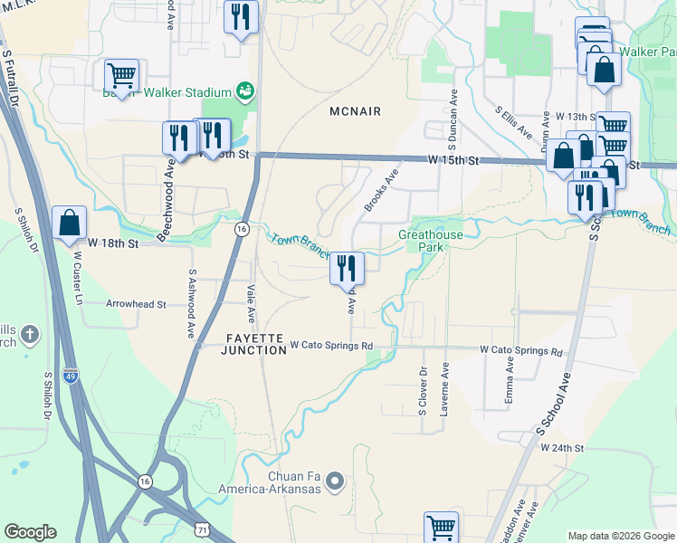 map of restaurants, bars, coffee shops, grocery stores, and more near 1193 Pettigrew Street in Fayetteville