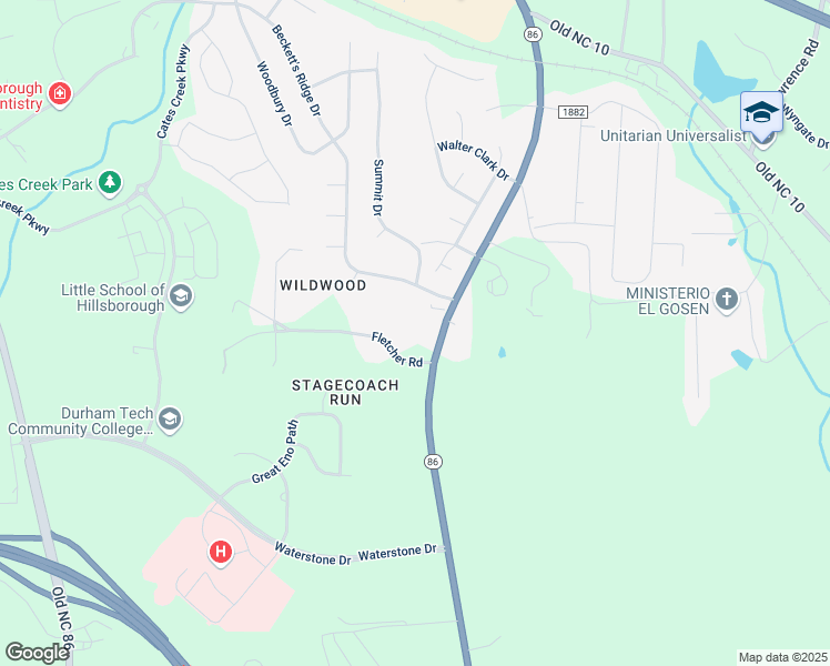 map of restaurants, bars, coffee shops, grocery stores, and more near 814 Fletcher Road in Hillsborough