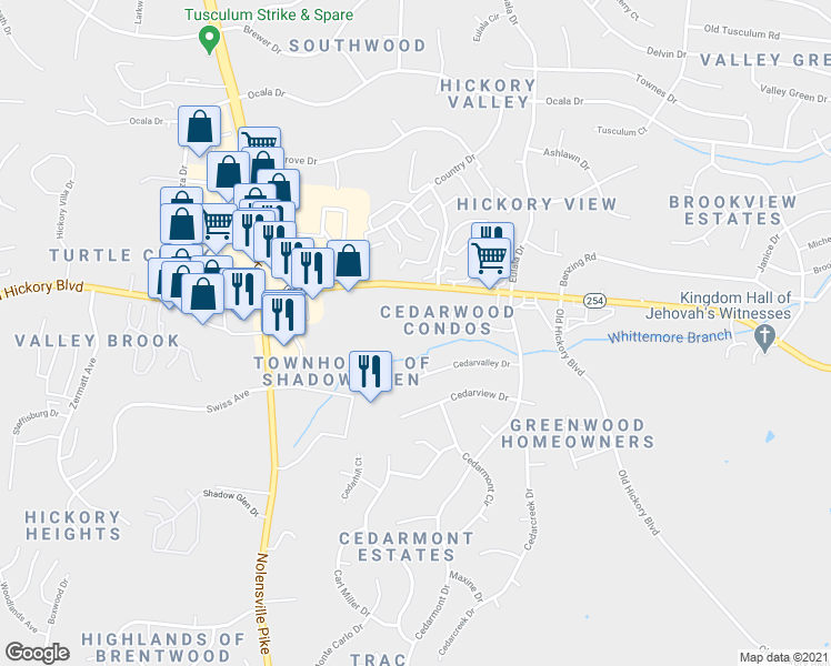 map of restaurants, bars, coffee shops, grocery stores, and more near 109 Cedarvalley Court in Nashville