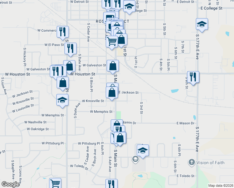 map of restaurants, bars, coffee shops, grocery stores, and more near 104 East Knoxville Street in Broken Arrow