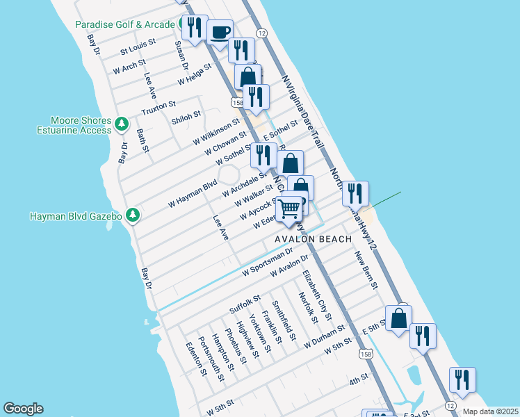 map of restaurants, bars, coffee shops, grocery stores, and more near 225 West Aycock Street in Kill Devil Hills